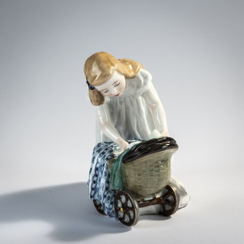 'Girl bending over with a doll on a doll's carriage', 1905