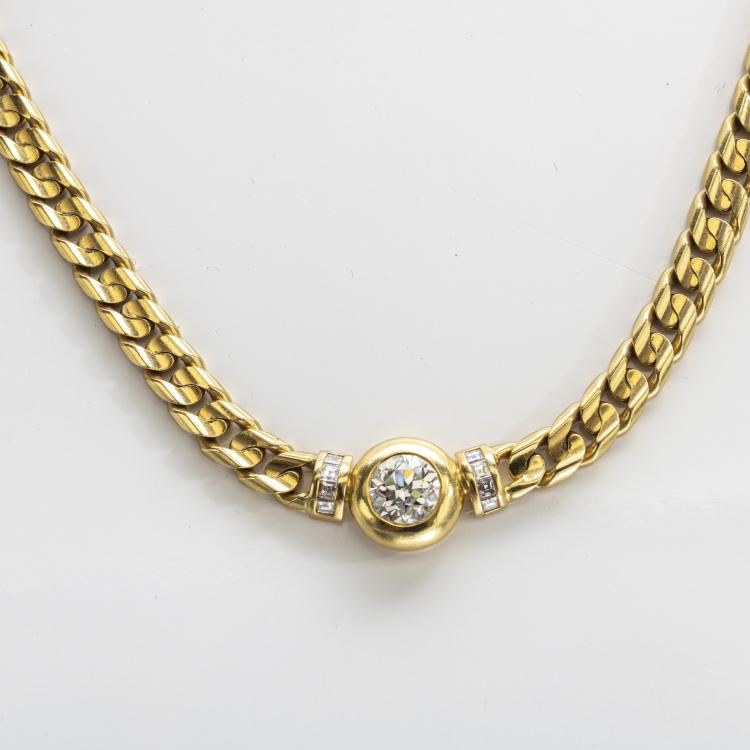 Hauptbild zu Objekt, Flach-Panzerkette mit historischem Diamanten im Altschliff und Diamanten in Treppenschliff, 174C 879