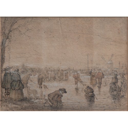 Winter landscape with ice skaters, probably 17th century