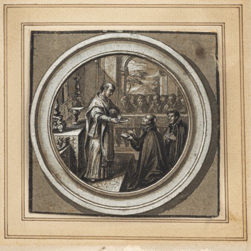Zwei Zeichnungen: Edelmann auf Sterbebett und Petrus Canisius Jesuit beim Verteilen der Hostie, 17. Jh.