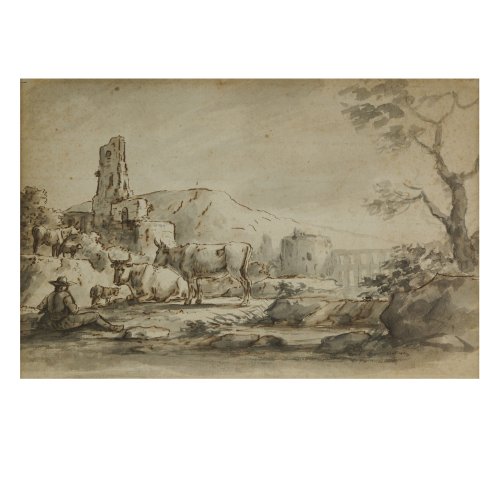 Southern landscape with ruins and cows, 17th century