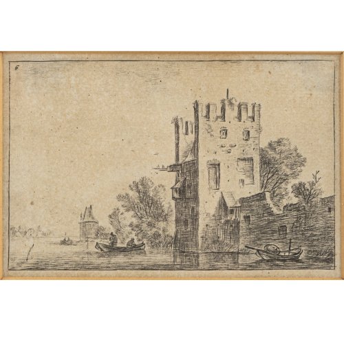 4 depictions of river landscapes with fishermen and towers, 16th/17th century