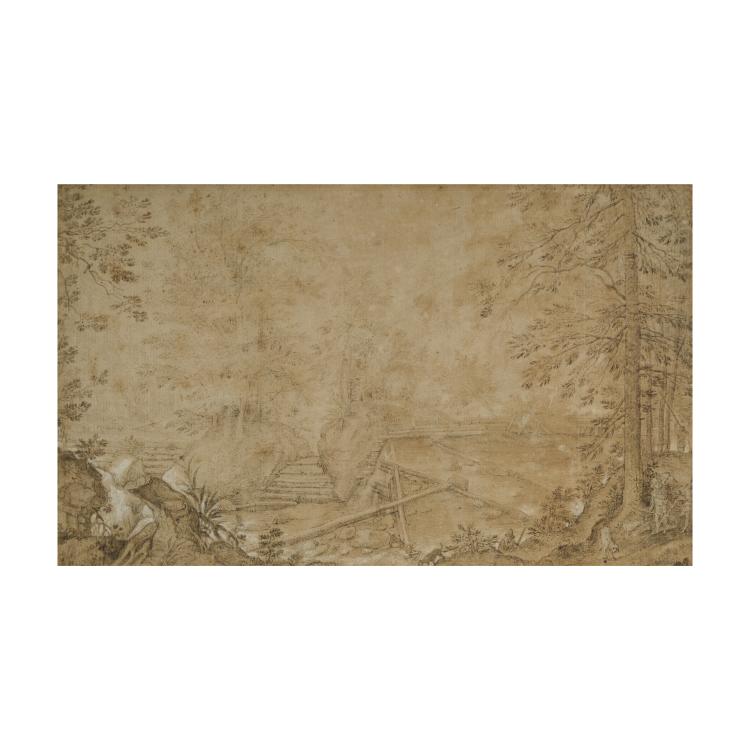 Hauptbild zu Objekt, Baumbestandener Staudamm mit Staffagefiguren, 16./17. Jh., 173D 784