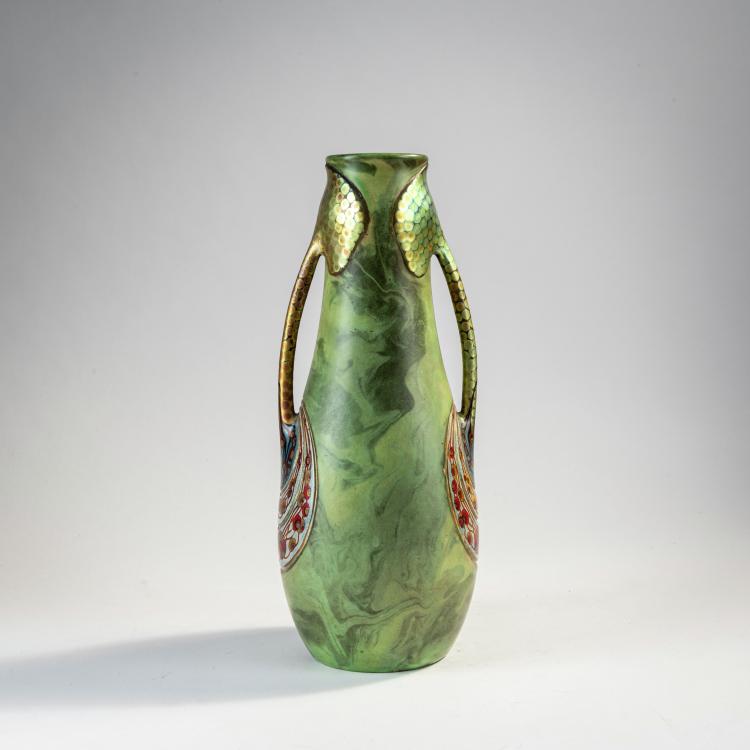 Hauptbild zu Objekt, Henkelvase, um 1900, Vilmos Zsolnay, Zsolnay, Vilmos, P&eacute;cs, 174A 399