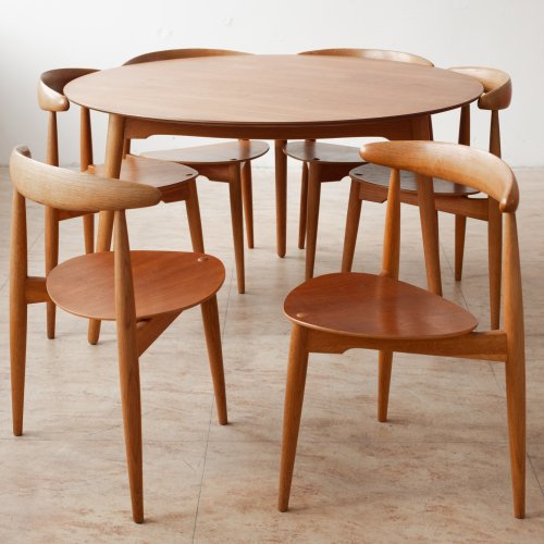 Hans J. Wegner, Fritz Hansen, Hjertestole group with table 4602 + 6 heart chairs 4103