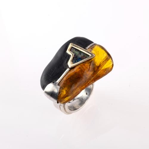 Ring with ebony and amber, c. 2017