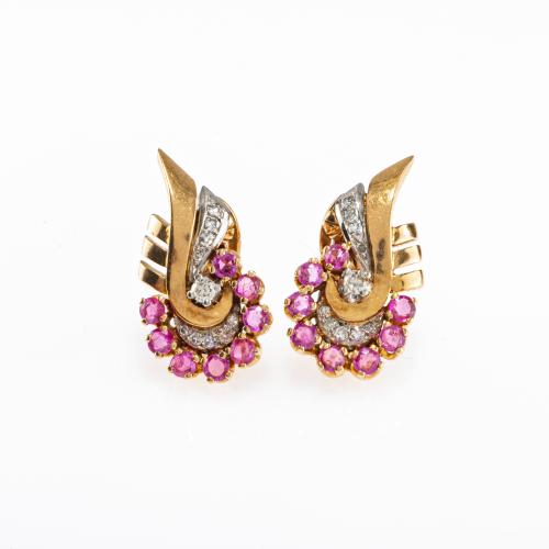 Pair of cocktail ear clips decorated with rubies and diamonds