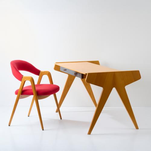 Armchair and desk with book holder, 1950s
