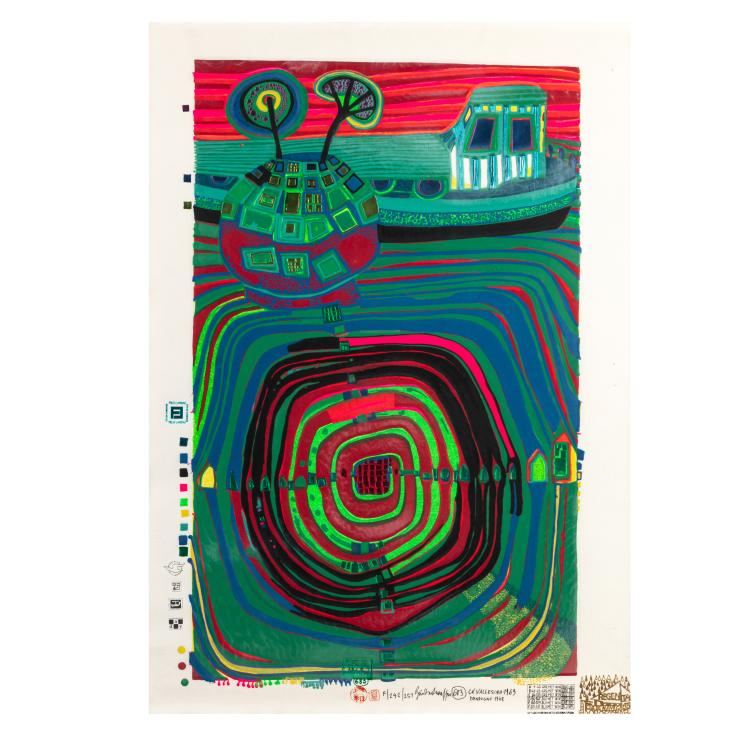 Hauptbild zu Objekt, 'LA BARCA - REGENTAG. SLOW TRAVEL UNDER THE SUN', 1969, Friedensreich Hundertwasser, Felix Landau , Los Angeles (Publ.), 179C 652