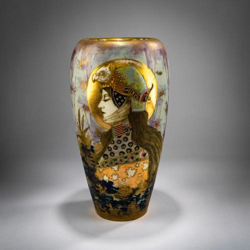 Tall vase with a woman's head in profile to the left, c. 1900