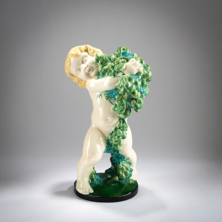 Hauptbild zu Objekt, Steingutfigur 'Putto mit Trauben (Herbst)', um 1907, Michael Powolny, Wiener Keramik, 178A 388