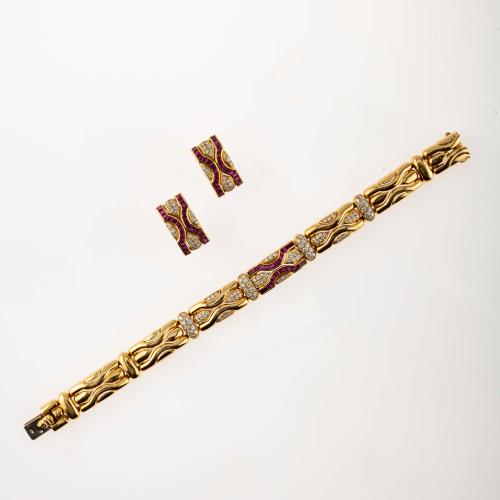 Armband und Ohrstecker mit Rubinen und Diamanten, 1950er Jahre