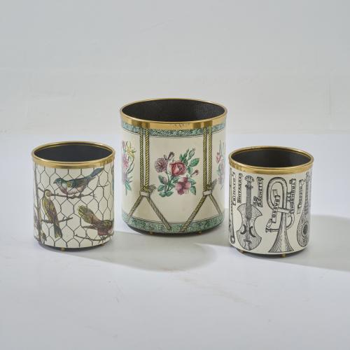 Three wastepaper baskets 'Uccelli nella gabbia', 'Tamburo con fiori' und 'Strumenti Musicali' , 1950s (design)