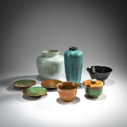 Set of 3 bowls, 2 vases and 3 plates, c. 1930