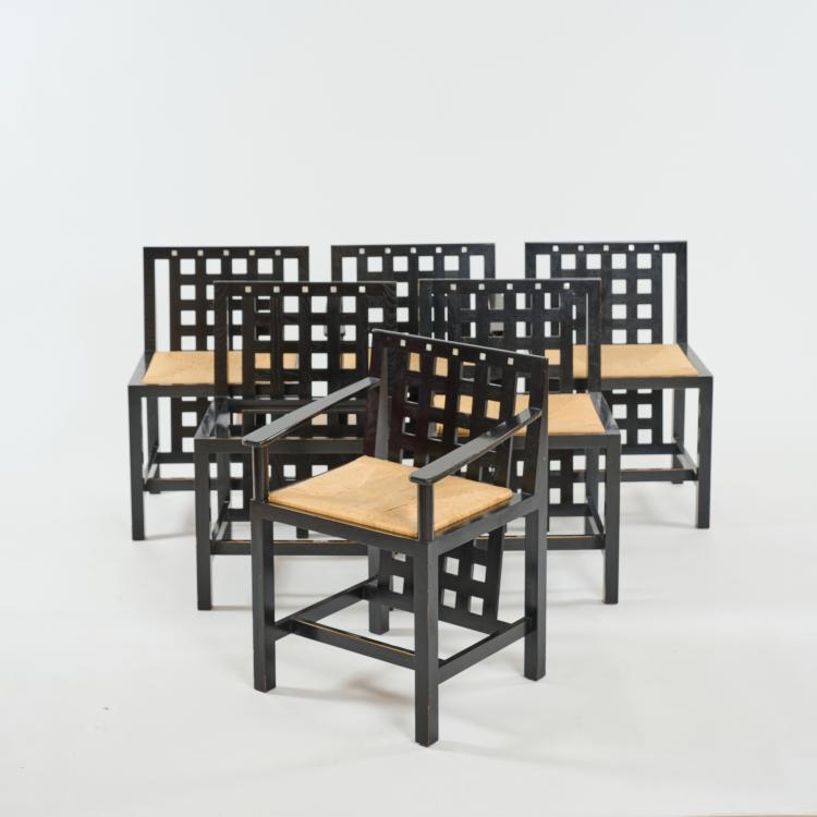Hauptbild zu Objekt, Vier St&uuml;hle und zwei Armlehnst&uuml;hle 'Candida Cottage Chair', 1918 (Entwurf), Charles Rennie Mackintosh, Cassina, Mailand / Milan, 183A 126