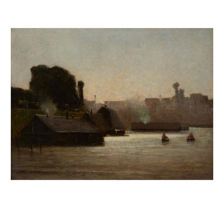 Hauptbild zu Objekt, View of boathouses from the water, 1882, Leon Gustave Ravanne, 181C 721