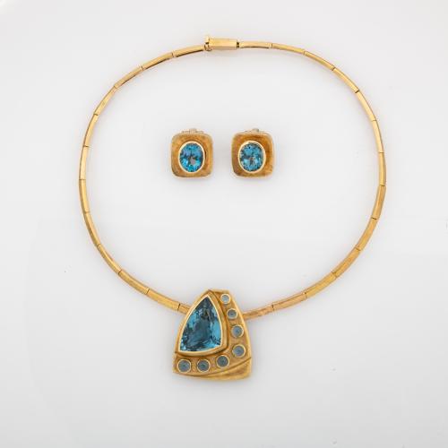 Necklace and ear clips with blue topazes, 1970s