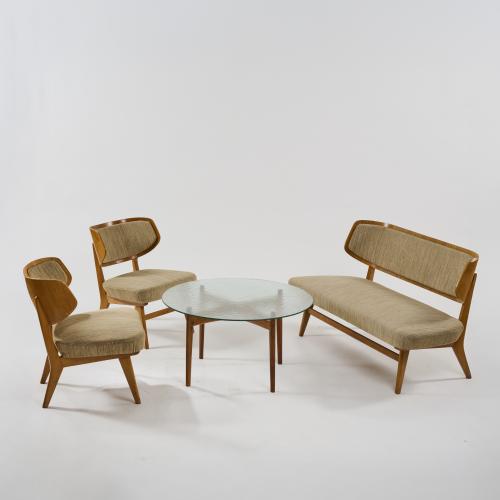 Sitzgruppe: Sofa, zwei Sessel, Sofatisch, um 1958 (Entwurf)