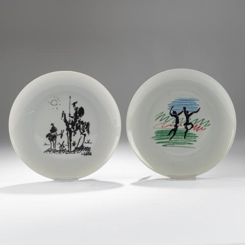 Zwei Teller 'Don Quijote' und Tänzer in Landschaft, 1970