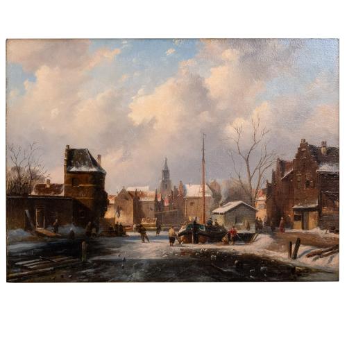 Holländische Stadt im Winter mit Schlittschuhläufern, wohl 1890er Jahre