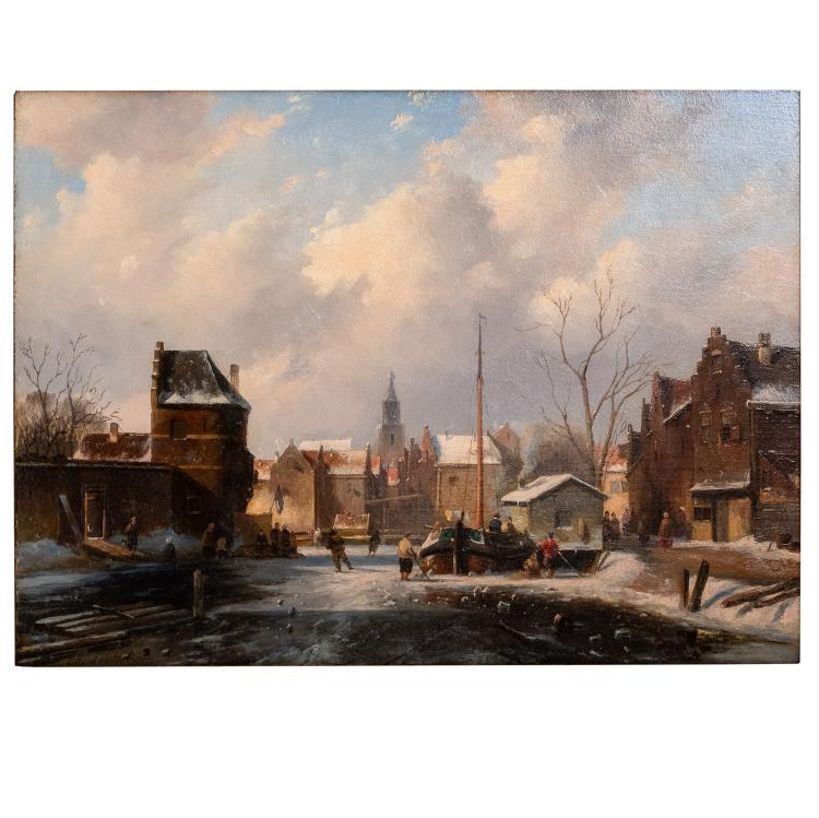 Hauptbild zu Objekt, Holl&auml;ndische Stadt im Winter mit Schlittschuhl&auml;ufern, wohl 1890er Jahre, Charles Leickert, 183C 852