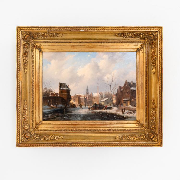 Bild 1 zu Objekt, Holl&auml;ndische Stadt im Winter mit Schlittschuhl&auml;ufern, wohl 1890er Jahre, Charles Leickert, 183C 852