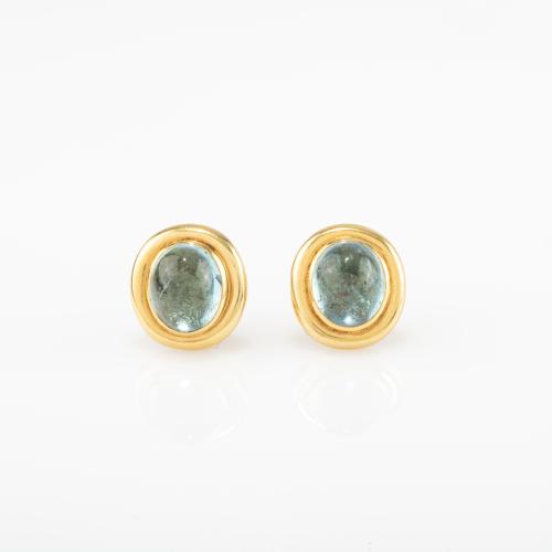 Pair of stud earrings with aquamarine cabochons