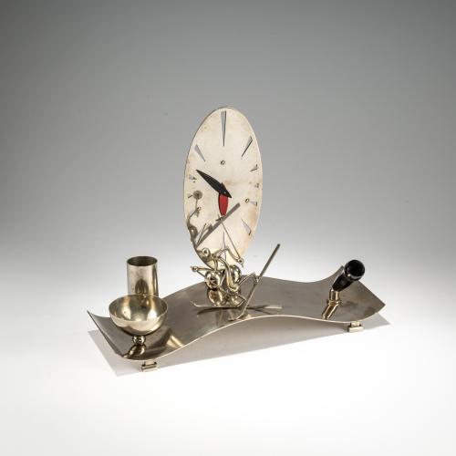 Desk set with clock and figure of a cross country skier, 1930s