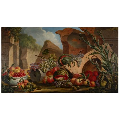 Früchtestillleben vor römischen Ruinen in einer Campagnalandschaft, 1772