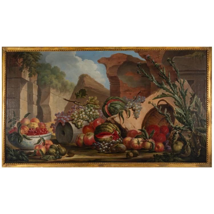 Bild 1 zu Objekt, Fr&uuml;chtestillleben vor r&ouml;mischen Ruinen in einer Campagnalandschaft, 1772, Adolph Friedrich Harper, 183C 850