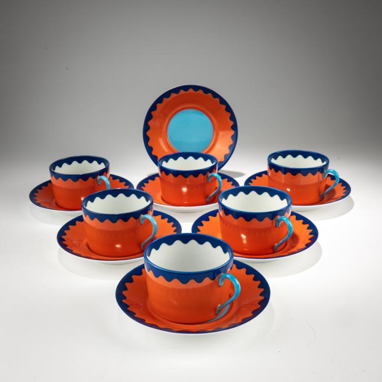 Hauptbild zu Objekt, Sechs Kaffeetassen mit Untertassen 'Trapani', um 1989 (Entwurf),  Garouste & Bonetti, Manufacture Ancienne Royale, Limoges; Daum, Paris, 182C 953