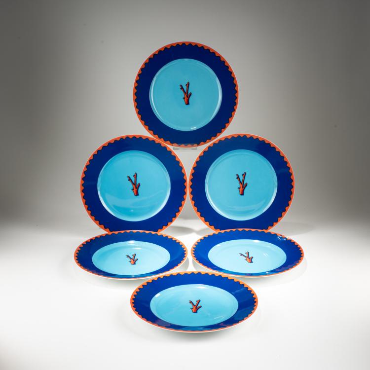 Hauptbild zu Objekt, Sechs Kuchenteller 'Trapani', um 1989 (Entwurf),  Garouste & Bonetti, Ancienne Manufacture Royale, Limoges f&uuml;r Daum, Paris, 182C 955