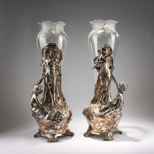 Two tall vases with plastic figurines, c. 1905