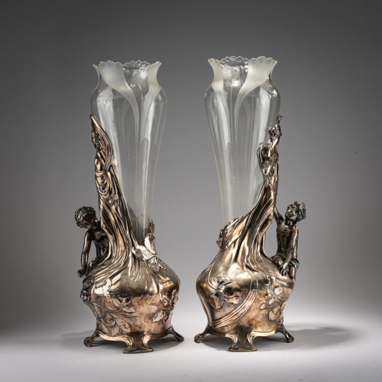 Bild 1 zu Objekt, Two tall vases with plastic figurines, c. 1905, WMF, Geislingen, 182A 464