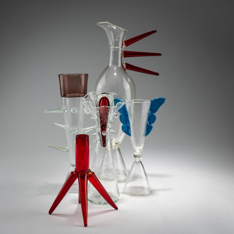 Bild 1 zu Objekt, Karaffe 'Jen Si Dej', Gl&auml;ser 'Neboy' und 'Nettykavka' sowie ein weiteres Glas, um 1987 (Entwurf), Bořek &Scaron;&iacute;pek, Sawaya & Moroni, Mailand / Milan, 183A 20