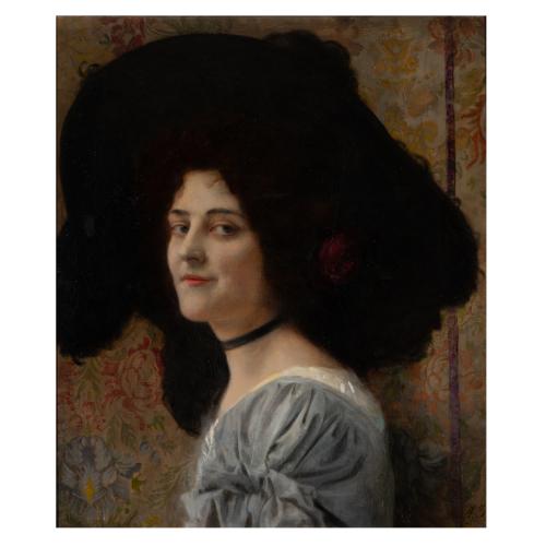 Portrait einer jungen Frau mit einer Rose im Haar, wohl um 1910