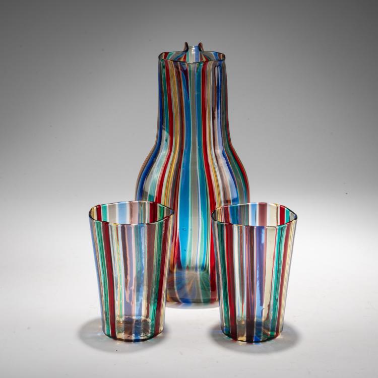Hauptbild zu Objekt, Karaffe mit zwei Gl&auml;sern 'A canne', 1946/47, Gio Ponti, Venini, Murano, 183B 716