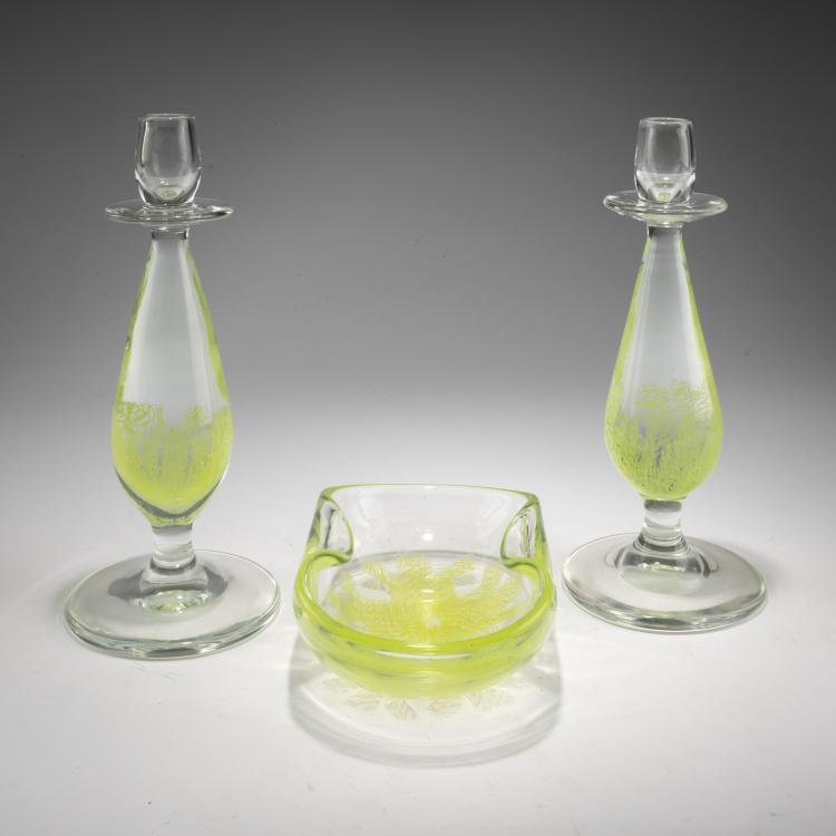 Bild 1 zu Objekt, Paar Kerzenleuchter und Schale 'Merletto Frastagliato', 1955, Archimede Seguso, Seguso, Archimede, 183B 751