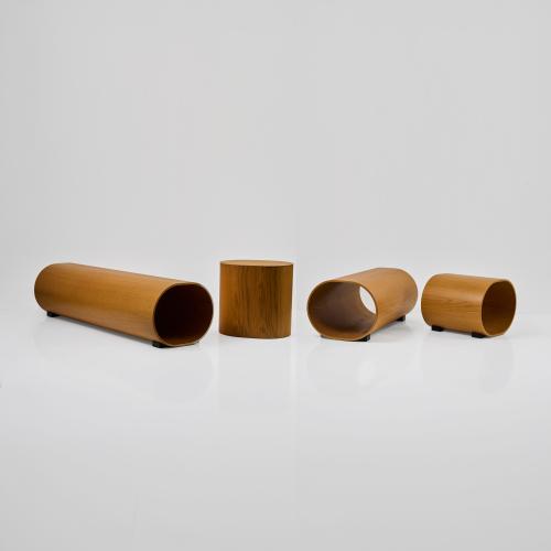 Zwei Sitzbänke, ein Hocker und ein Sofatisch 'Log', 2006 (Entwurf)