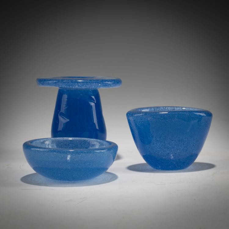 Bild 1 zu Objekt, Kerzenleuchter und zwei Schalen 'Sommerso a bollicine', um 1935, Carlo Scarpa, Venini, Murano, 183B 700