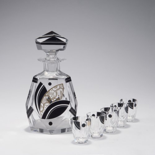 Liquor carafe and five tumblers, c1925