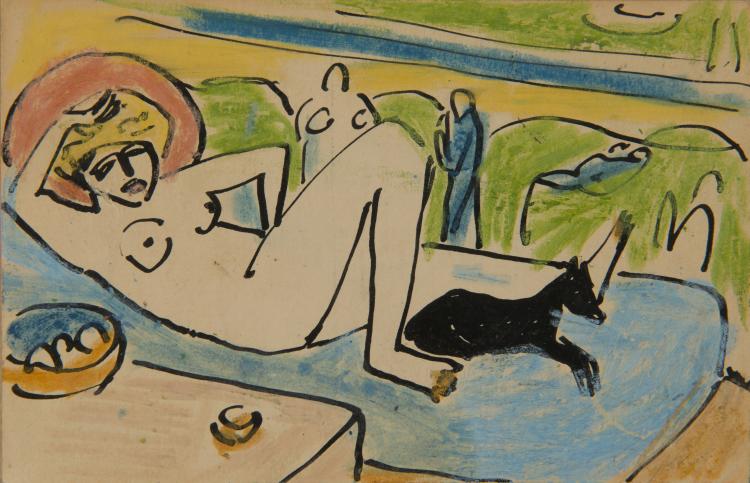 Bild 1 zu Objekt, K&uuml;nstlerpostkarte 'Liegender weiblicher Akt mit Hund', undatiert, Erich Heckel, 124B 13