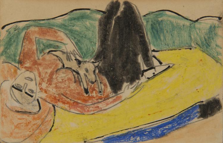 Bild 1 zu Objekt, Artist's postcard 'Reclining woman with dog', undated. , Erich Heckel, 124B 14