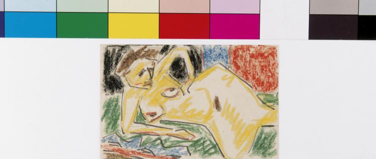 Hauptbild zu Objekt, Artist's postcard 'Female nude, reclining sideways', 1911, Karl Schmidt-Rottluff, 124B 54