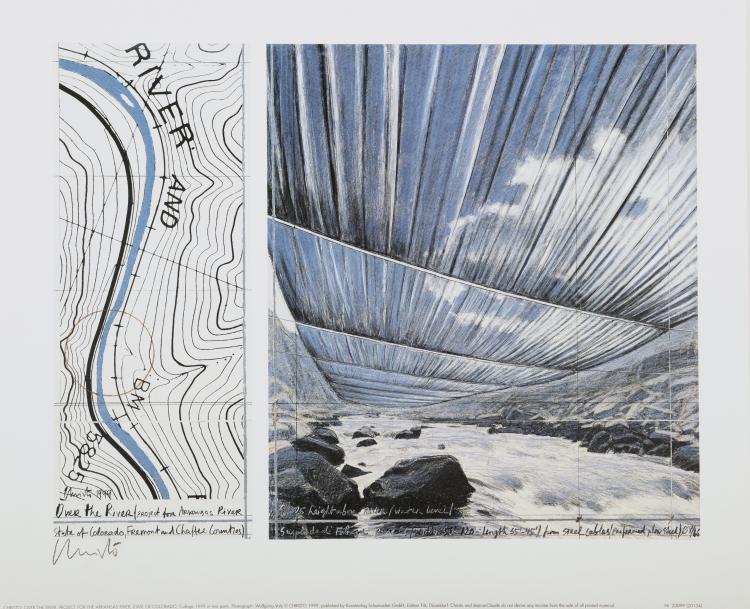 Hauptbild zu Objekt, 'Over the River, Projekt f&uuml;r den Arkansas River, Colorado (Blick von oben)' und 'Over the River, Projekt f&uuml;r den Arkansas River, Colorado (Blick von unten)', 1993,  Christo und Jeanne Claude, 124B 108