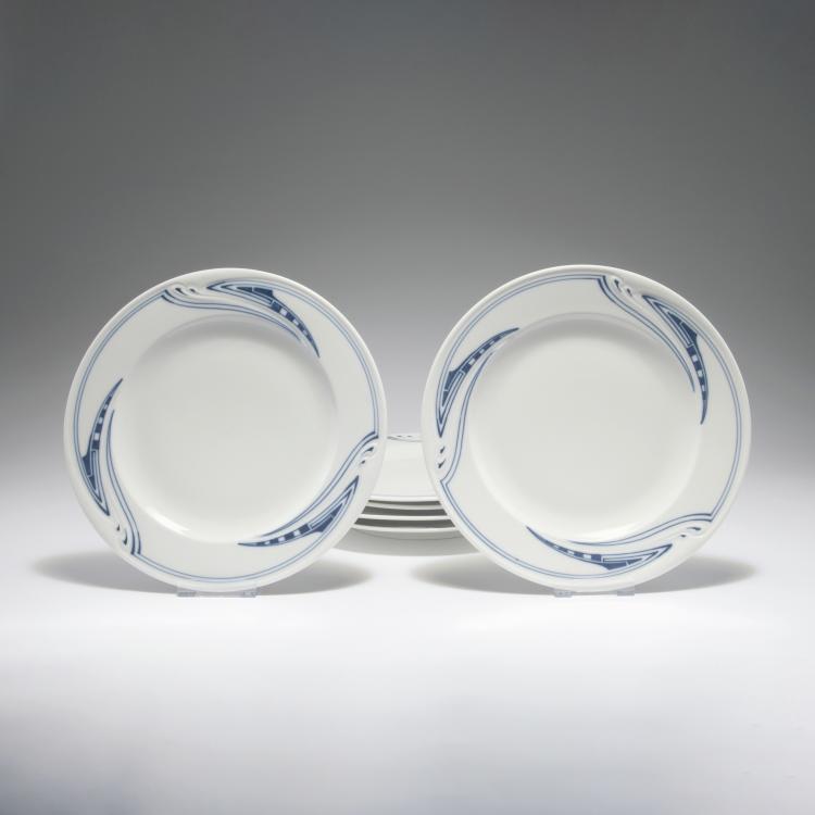 Hauptbild zu Objekt, Sechs Dessertteller 'Peitschenhieb', 1903-04, Henry van de Velde, Mei&szlig;en, KPM, 126 827