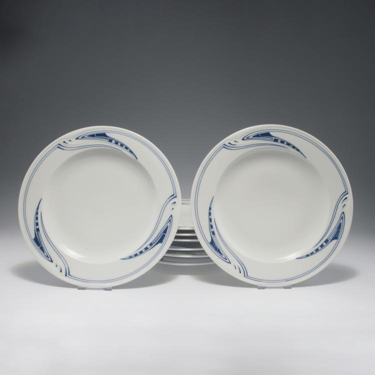 Hauptbild zu Objekt, Eight 'Whiplash' dining plates, 1903-04, Henry van de Velde, Mei&szlig;en, KPM, 126 835