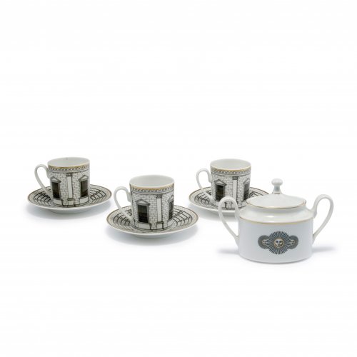 Three 'Palladiana' cups and saucers with 'Soli' sugar bowl, 1990s
