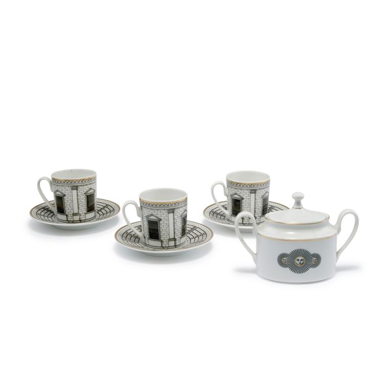 Hauptbild zu Objekt, Three 'Palladiana' cups and saucers with 'Soli' sugar bowl, 1990s, Piero Fornasetti, Rosenthal, Selb, 127A 202