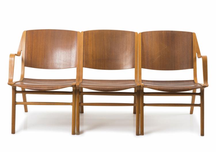 Hauptbild zu Objekt, 'AX' bench, made of three chairs, 1950, Peter Hvidt, Hansen, Fritz, Aller&ouml;d, 128A 75